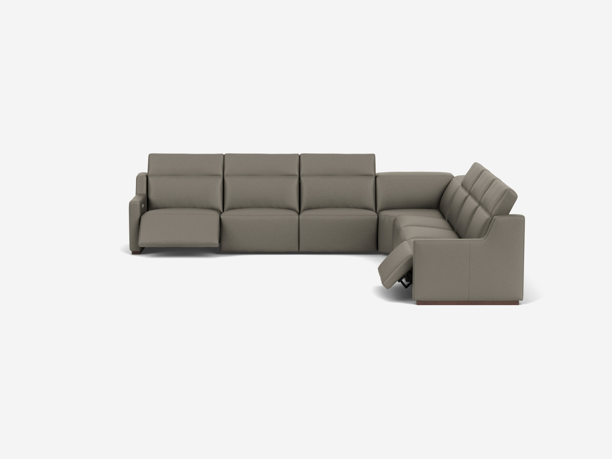 Front right hand view of grey leather reclining sectional sofa